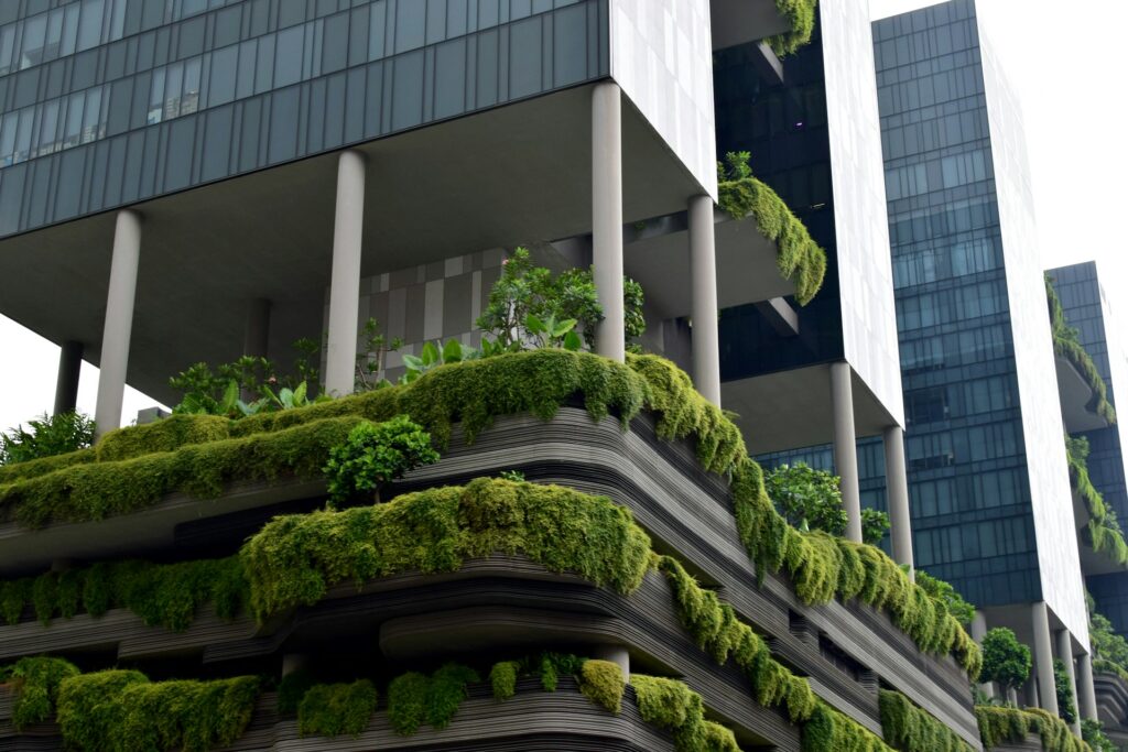 Business building with greenery