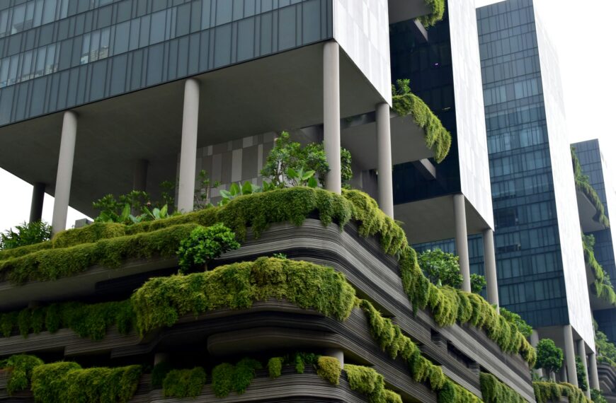 Business building with greenery