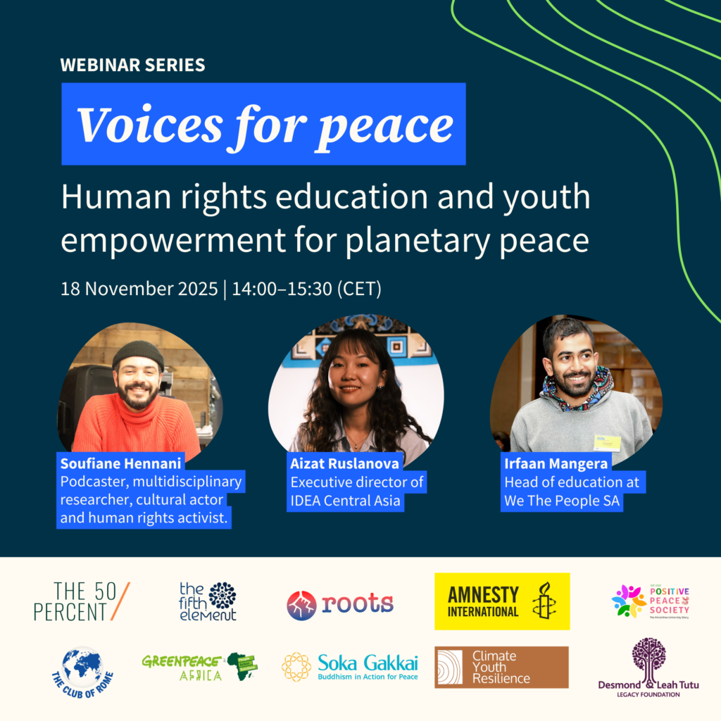 Webinar poster showing ‘Voices for peace’, event details for 18 November 2025, three speakers with roles and multiple partner logos.