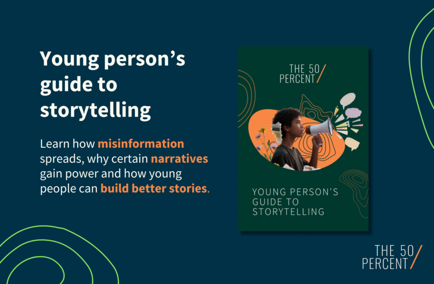 "Graphic with text on storytelling for young people beside a booklet cover showing a person using a megaphone."